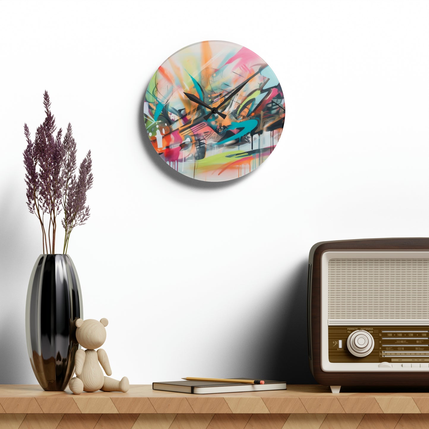 Acrylic Wall Clock, Abstract Graffiti, Kitchen, Living Room, Game Room, Kids Room